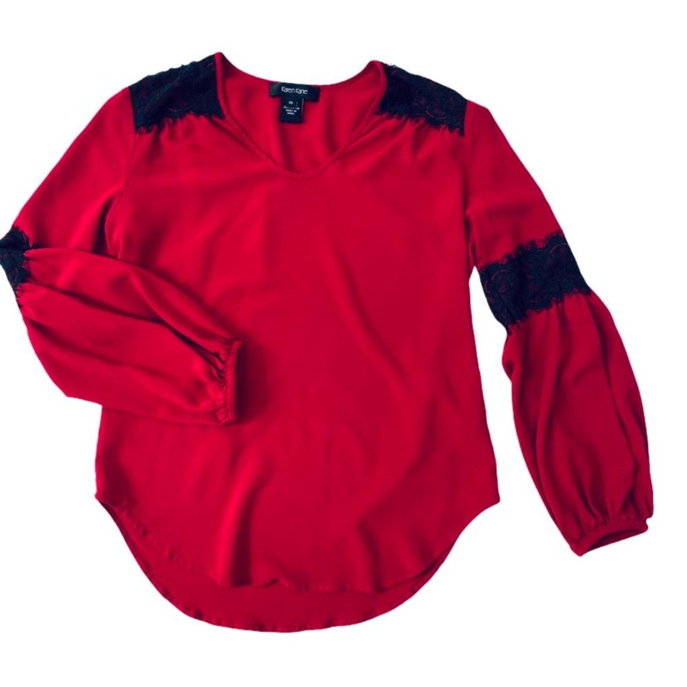 Karen Kane Red With Black Lace Rayon Blouse Sz XS - Picture 4 of 11